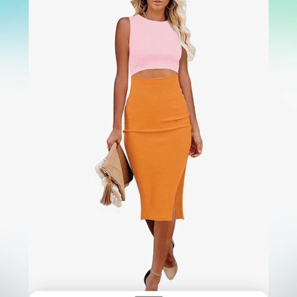 Crew Neck Sleeveless Cutout Side Slit Knee Length Bodycon Midi Dress
8046